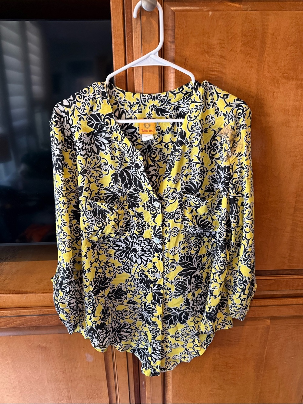 Ruby Rd. Yellow and Black Floral Button-Down Blouse
